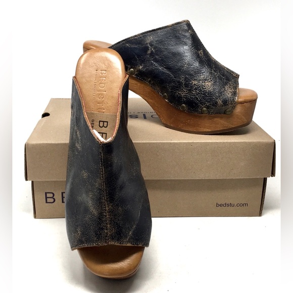 Bed Stu DEVA Mule Clogs Platform Sandal Black Lux Distressed Leather - Picture 3 of 14